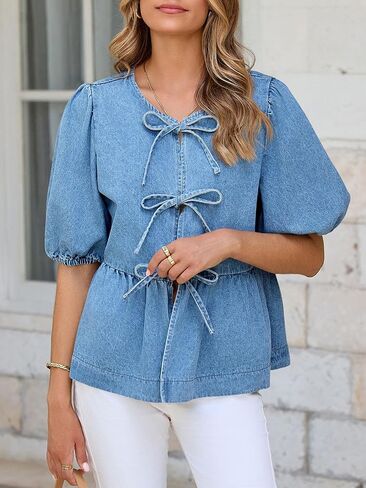 Tankaneo Womens Denim Tie Front Tops Babydoll Peplum Puff Sleeve Jean Shirts Crew Neck Summer Casual Bow Blouses in Kuwait