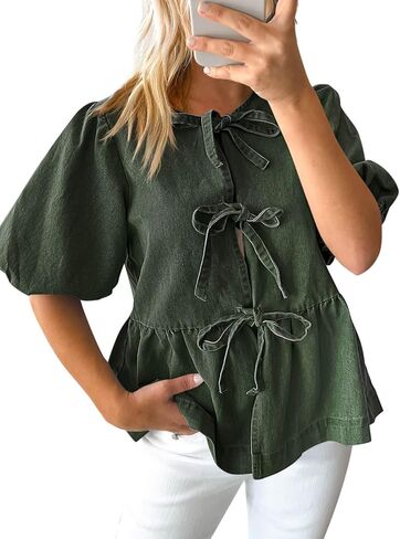 Tankaneo Womens Denim Tie Top Tops Babydoll Peplum Puff Sleeve Jean Terts Crew Neck Summer in Kuwait