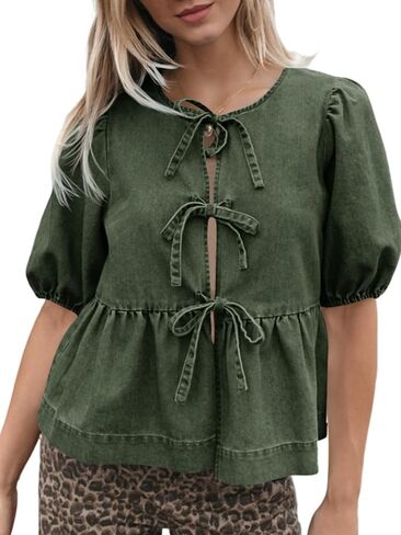 Tankaneo Womens Denim Tie Top Tops Babydoll Peplum Puff Sleeve Jean Terts Crew Neck Summer in Kuwait
