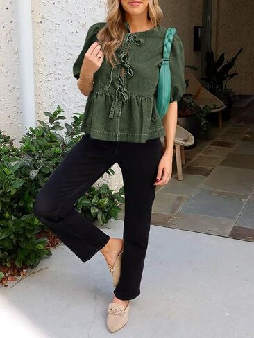 Tankaneo Womens Denim Tie Top Tops Babydoll Peplum Puff Sleeve Jean Terts Crew Neck Summer in Kuwait