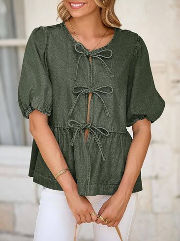 Tankaneo Womens Denim Tie Top Tops Babydoll Peplum Puff Sleeve Jean Terts Crew Neck Summer in Kuwait