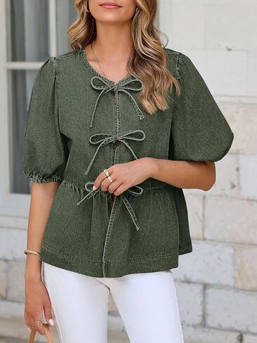 Tankaneo Womens Denim Tie Top Tops Babydoll Peplum Puff Sleeve Jean Terts Crew Neck Summer in Kuwait