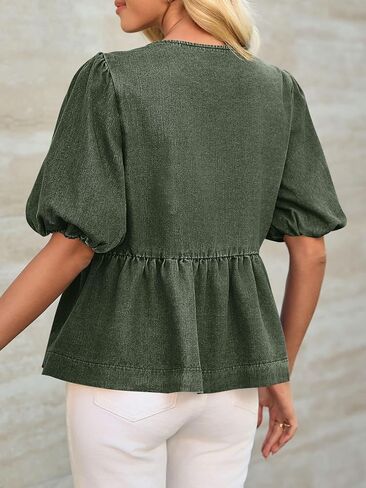 Tankaneo Womens Denim Tie Top Tops Babydoll Peplum Puff Sleeve Jean Terts Crew Neck Summer in Kuwait