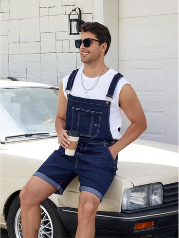 Mens Denim Shorts Bib Overall Jean Romper Casual Loose Fit Walkshort Summer Jumpsuit Coveralls with Zipper in Saudi Arabia