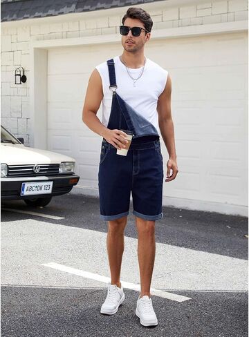 Mens Denim Shorts Bib Overall Jean Romper Casual Loose Fit Walkshort Summer Jumpsuit Coveralls with Zipper in Saudi Arabia