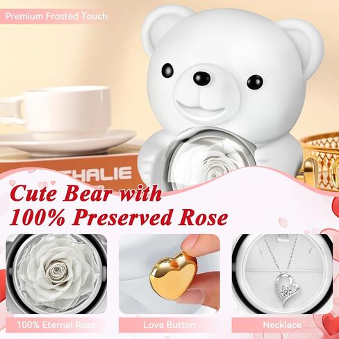 Jibeufi Teddy Bear مع وردة محفوظة ، زهرة إلى الأبد في الدب مع قلادة وصندوق هدايا أنيقة للنساء ، هدايا رومانسية الدب للروود لعيد الميلاد عيد ميلاد عيد ميلاد الأمهات (أحمر) in Kuwait