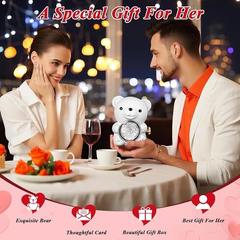 Jibeufi Teddy Bear مع وردة محفوظة ، زهرة إلى الأبد في الدب مع قلادة وصندوق هدايا أنيقة للنساء ، هدايا رومانسية الدب للروود لعيد الميلاد عيد ميلاد عيد ميلاد الأمهات (أحمر) in Kuwait