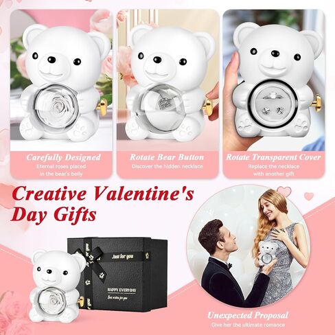 Jibeufi Teddy Bear مع وردة محفوظة ، زهرة إلى الأبد في الدب مع قلادة وصندوق هدايا أنيقة للنساء ، هدايا رومانسية الدب للروود لعيد الميلاد عيد ميلاد عيد ميلاد الأمهات (أحمر) in Kuwait