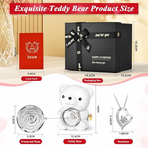 Jibeufi Teddy Bear مع وردة محفوظة ، زهرة إلى الأبد في الدب مع قلادة وصندوق هدايا أنيقة للنساء ، هدايا رومانسية الدب للروود لعيد الميلاد عيد ميلاد عيد ميلاد الأمهات (أحمر) in Kuwait