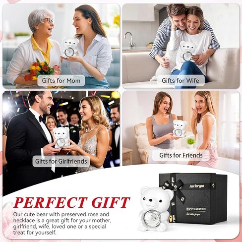 Jibeufi Teddy Bear مع وردة محفوظة ، زهرة إلى الأبد في الدب مع قلادة وصندوق هدايا أنيقة للنساء ، هدايا رومانسية الدب للروود لعيد الميلاد عيد ميلاد عيد ميلاد الأمهات (أحمر) in Kuwait