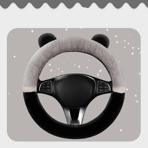 Fluffy Plush Cute Panda Ears Steering Wheel Cover, with Ears, O/D Type, Suitable for Outer Diameter 15 inches/38 cm (Grey, 15 inches/38 cm) in Kuwait