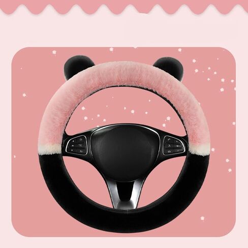 Fluffy Plush Cute Panda Ears Steering Wheel Cover, with Ears, O/D Type, Suitable for Outer Diameter 15 inches/38 cm (Grey, 15 inches/38 cm) in Kuwait