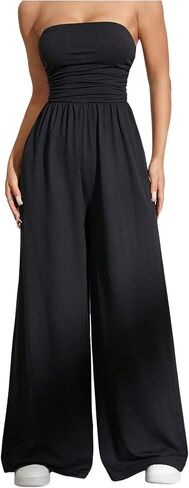 OYOANGLE Women's Strapless Jumpsuits Ruched Wide Leg Tube Romper Vacation Going Out Summer Outfits in Saudi Arabia