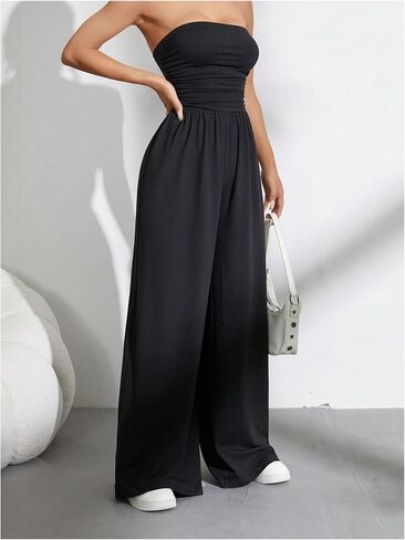 OYOANGLE Women's Strapless Jumpsuits Ruched Wide Leg Tube Romper Vacation Going Out Summer Outfits in Saudi Arabia