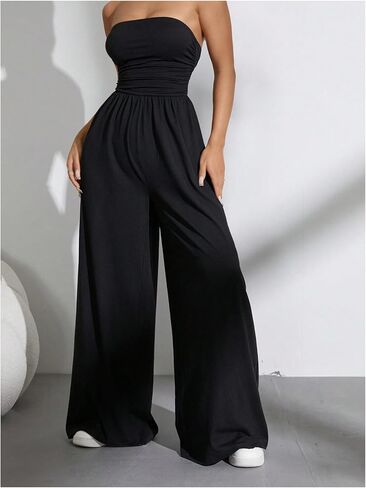 OYOANGLE Women's Strapless Jumpsuits Ruched Wide Leg Tube Romper Vacation Going Out Summer Outfits in Saudi Arabia