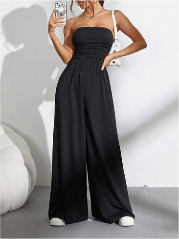 OYOANGLE Women's Strapless Jumpsuits Ruched Wide Leg Tube Romper Vacation Going Out Summer Outfits in Saudi Arabia