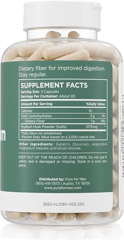 مكمل يومي لألياف قشر السيلليوم من بيور للرجال وبيور فور هير | انتظام الجهاز الهضمي ودعم صحة الأمعاء | مسحوق الألياف القابلة للذوبان، 2175 مجم لكل حصة | 250 كبسولة in Kuwait