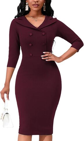 Womens Vintage Bodycon Midi Dress 3/4 Sleeve V Neck Cocktail Party Knee Length Pencil Dress Elegant in Saudi Arabia