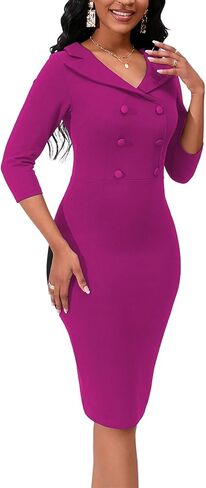 Womens Vintage Bodycon Midi Dress 3/4 Sleeve V Neck Cocktail Party Knee Length Pencil Dress Elegant in Saudi Arabia