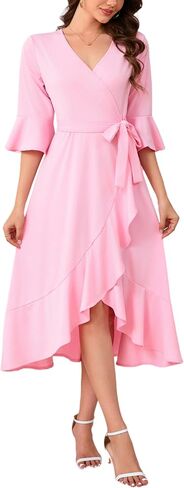 Women's V Neck Bell Sleeve Wrap Midi Dress High Low Split Ruffle Dress with Belt in Kuwait
