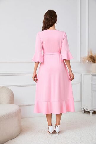 Women's V Neck Bell Sleeve Wrap Midi Dress High Low Split Ruffle Dress with Belt in Kuwait