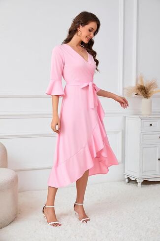 Women's V Neck Bell Sleeve Wrap Midi Dress High Low Split Ruffle Dress with Belt in Kuwait