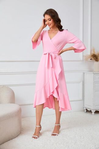 Women's V Neck Bell Sleeve Wrap Midi Dress High Low Split Ruffle Dress with Belt in Kuwait