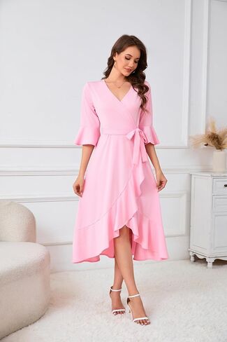 Women's V Neck Bell Sleeve Wrap Midi Dress High Low Split Ruffle Dress with Belt in Kuwait
