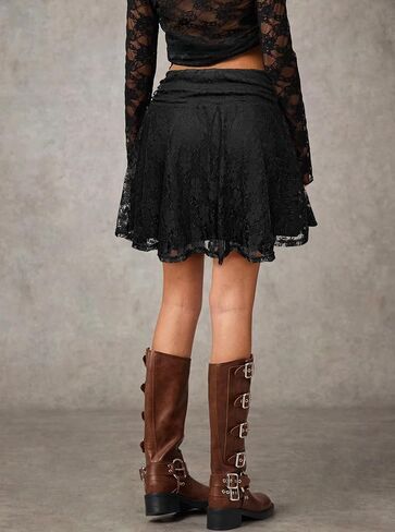 Women's High Waisted Flowy Lace Mini Skirt Ruched A Line Summer Boho Short Skirts Trendy in Saudi Arabia