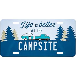 Camco Life is Better at The Campsite Novelty Vehicle Front License Plate-Perfect for RVs, Campers and Trailers and More, 6" x 12", Navy Blue (53250)