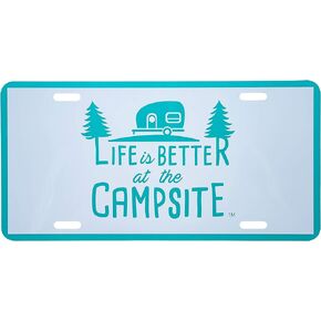 Camco Life is Better at The Campsite Novelty Vehicle Front License Plate-Perfect for RVs, Campers and Trailers and More, 6" x 12", Navy Blue (53250)