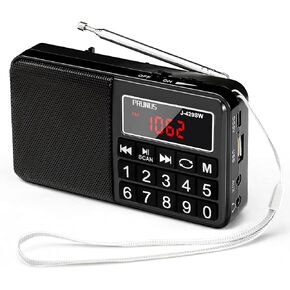 PRUNUS 429 Small Radio, Pocket Radio, AM FM Radio USB Charging, Large Button, Neodymium Speaker, Auto Save, USB Flash Drive, SD Card AUX Input MP3, Shortwave Radio for Elderly and Senior(Black)