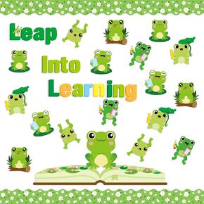 97Pcs Back to School Frog Classroom Bulletin Board Decoration Set Leap into Learning Funky Frog Cutout Name Tags Boarder Trim Preschool Kindergarten Chalkboard Wall Decor Party Supplies
