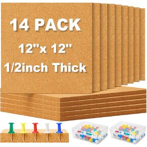 14 Pcs Cork Board Tiles 12 x 12 in 1/2 in Thick Square Bulletin Boards Cork Tiles Bulk with Push Pins Mini Natural Self Adhesive Backing Corkboards Tiles for Wall Home Office School Floor DIY