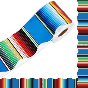 Whaline 65.6Ft Mexican Fiesta Bulletin Board Border Colorful Stripes Scalloped Decorative Border Trim Cinco De Mayo DIY Crafts Border Decor for School Classroom Wall Blackboard, 1 Roll