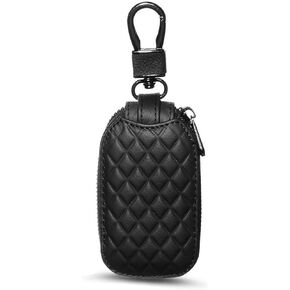 BELOMI Car Key Case, Genuine Leather Remote Key Fob Cover, Keychain Holder with Metal Hook, Universal Vehicle Keyring Zipper Bag (Black)