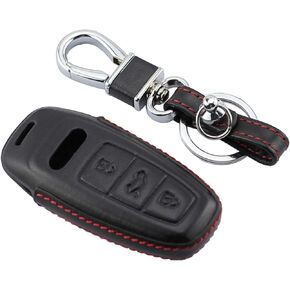 غطاء مفتاح فوب من الجلد الطبيعي لسيارة أودي A3 A6 A7 A8 A8L E-Tron Q7 Q8 RS6 RS7 S3 S6 S7 SQ7 SQ8 2018-2022 حافظة مفاتيح السيارة عن بعد مع حامل سلسلة مفاتيح - أسود
