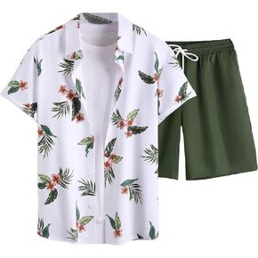 COZYEASE Men's Tropical Print 2 Piece Outfits Short Sleeve Button Down Shirt Tops and Shorts Set