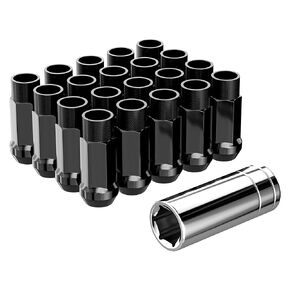 YIZBAP 20 PCS M12x1.5 Lug Nuts, 50mm Tall Open End Bulge Acorn Black 12x1.5 Lug Nuts with 1 Spline Tool/Key