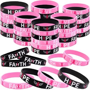 OAOLEER 50 Pack Black Pink Breast Cancer Awareness Pink Ribbon Bracelets Hope Faith Strength Courage Inspiring Wristbands in Kuwait