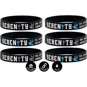 (6-pack) "Serenity Prayer" Silicone Bracelets, Unisex Adult Size for Men Women Teens - Pack of 6 Inspirational Wristbands for Serenity, Wisdom, & Courage