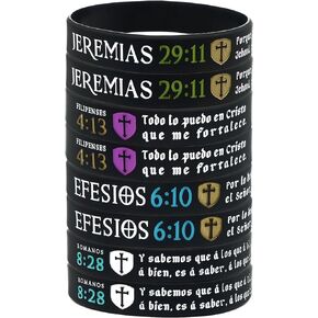 La Biblia Reina-Valera Wristbands (12-pack) - Filipenses 4:13, Jeremias 29:11, Romanos 8:28, and Efesios 6:10 - Bulk Pack of Silicone Bracelets with Assorted Verses, One Size, Silicone