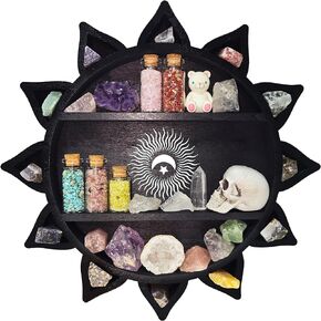 Crystal Shelf Display for Wall, Crystal Display Shelf Chakra Wooden Lotus Flower Crescent Moon Shelf Wall Decor, Decorative Home Floating Shelf Stone Storage Gem Holder Boho Hanging Organizer