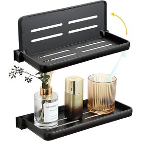 Folding Metal Shelf for Bathroom Wall Mounted, Small Folding Shelf for Laundry Room, 90° Fold Up and Waterproof, Toilet Phone Holder Shelf, Small Shelf for Sink Side, Kitchen(2 Pack, Black)