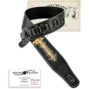 Walker & Williams CVG-24 Handmade Black And Gold Padded Guitar Strap With Hand Tooled Christian Cross And Skull Design For Acoustic, Electric, And Bass Guitars