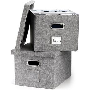 Hedume Set of 2 File Organizer Box, Collapsible Linen Filing Cabinets, Decorative Linen Filing Storage Hanging File Folders with Lids and Durable MDF Board, Space Saving File Folder Storage