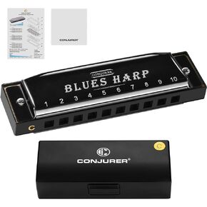 Blues Harmonica for Kids Beginners, 10 Hole Diatonic Harmonica Key of C, Brass Reed Metal Mouth Organ C Key Blues Harp with Case, Black