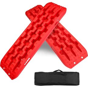 Recovery Traction Tracks 2 Piece, Tire Traction Mats for Off Road Mud Sand Snow, 4WD Tire Ladder Lift Mat for Cars Trucks SUVs Vehicle Extraction, Red