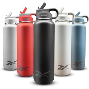 Reebok Stainless Steel Water Bottle With Straw & Lifestyle Design - Insulated Water Bottles 40 oz - Double Wall Vacuum Insulated Sports Water Bottle With Straw, BPA Free (Black)
