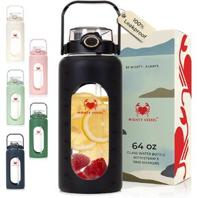 64oz Glass Water Bottle | Blue Water Bottle with Straw & Time Marker | Half Gallon Water Bottle with Measurements & Silicone Sleeve | Suitable for Travel, Gym, Sports & Daily Intake